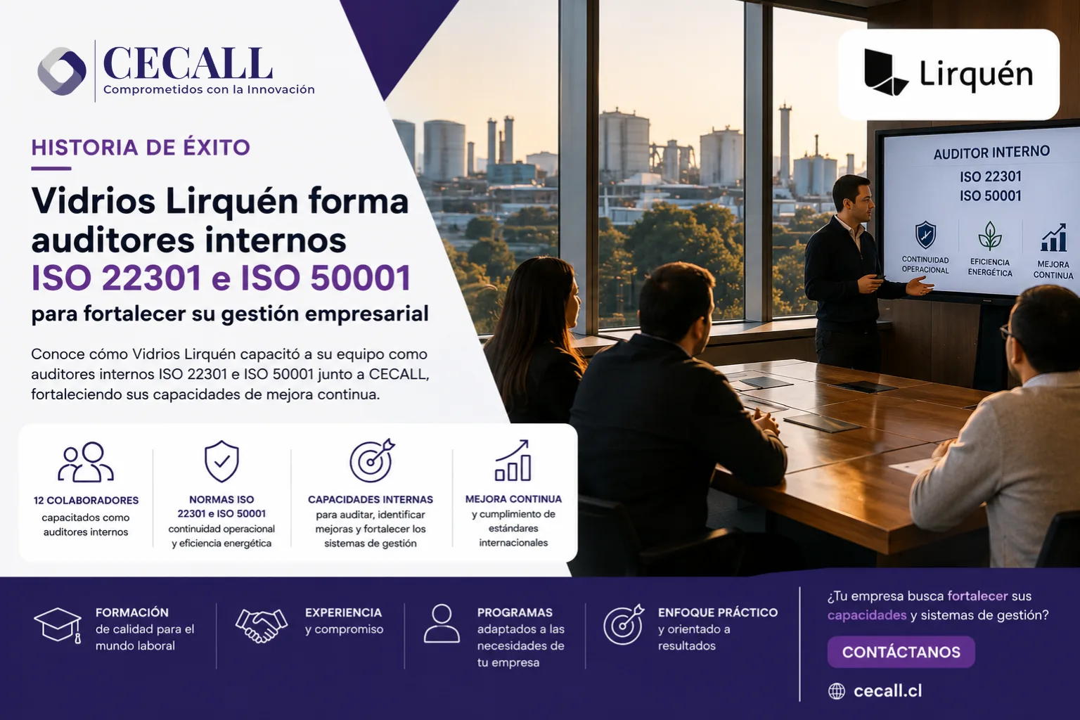 Colaboradores de Vidrios Lirquén participando en capacitación de Auditor Interno ISO impartida por CECALL.